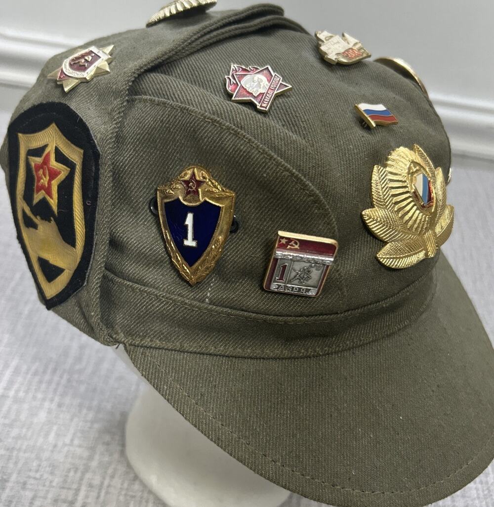 Soviet Union Russia Military Hat & 20 Pins USSR CCCP Badges Green Large